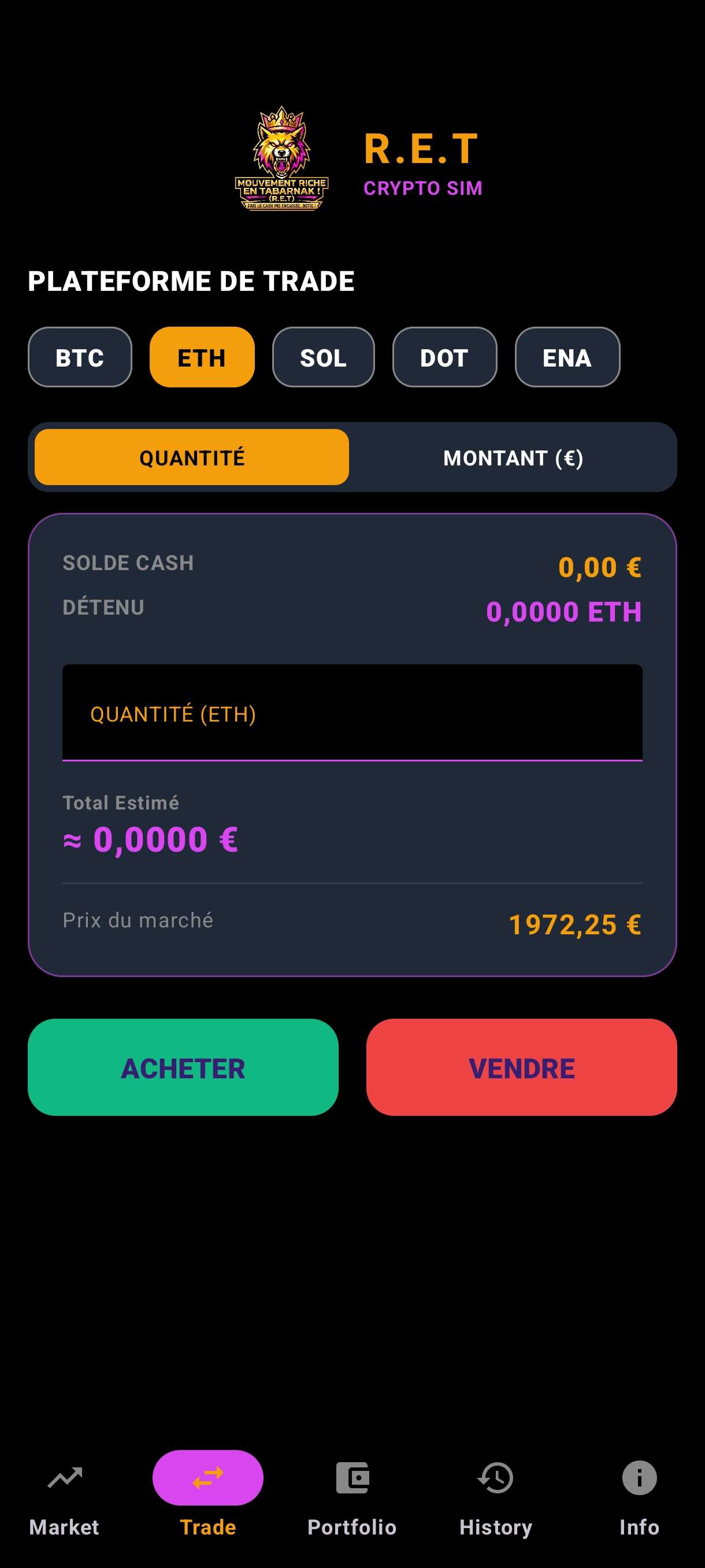 Écran Trade - Passer un ordre d'achat crypto fictif