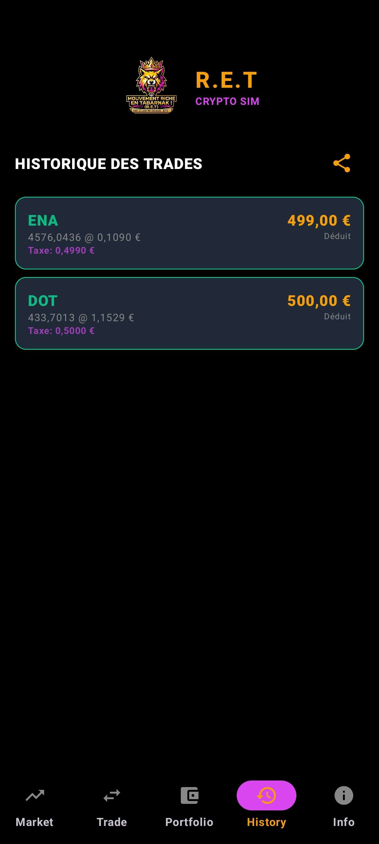 Écran Historique - Journal de trading et historique des transactions