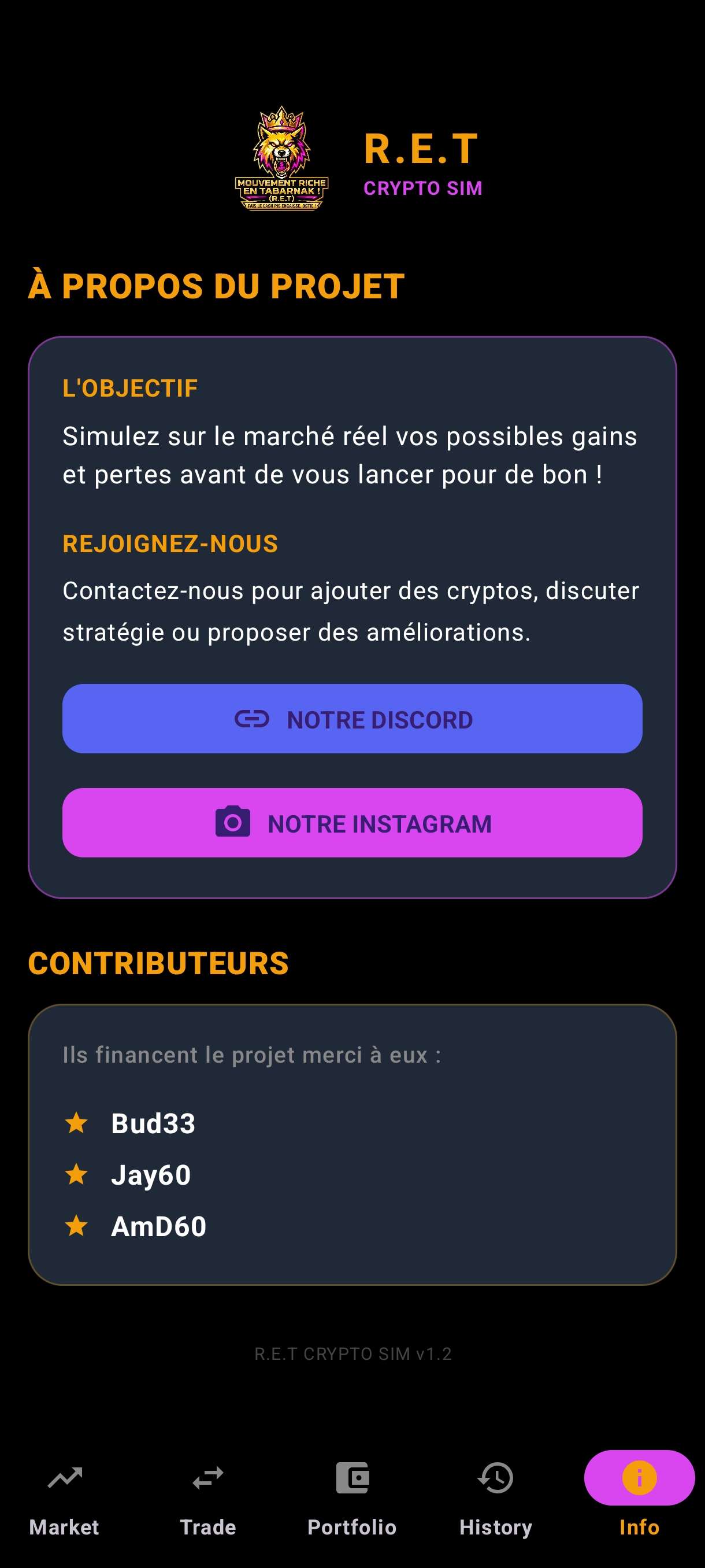 Écran Info - Configuration et stratégie d'investissement R.E.T